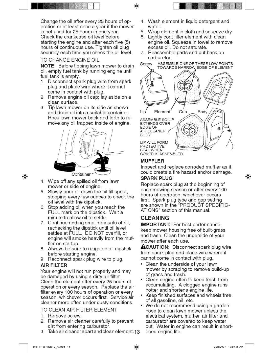 Craftsman 385141, 917 manual Muffler, AIR Filter 