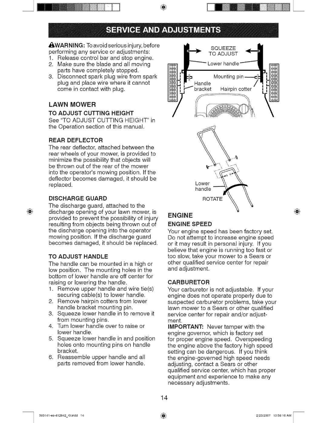 Craftsman 917, 385141 manual Rear Deflector, Discharge Guard, Rotate, To Adjust Handle, Carburetor 