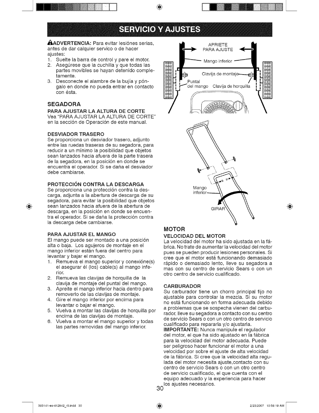 Craftsman 917, 385141 manual Segadora, Desviador Trasero, Motor Para Ajustar EL Mango, Carburador 