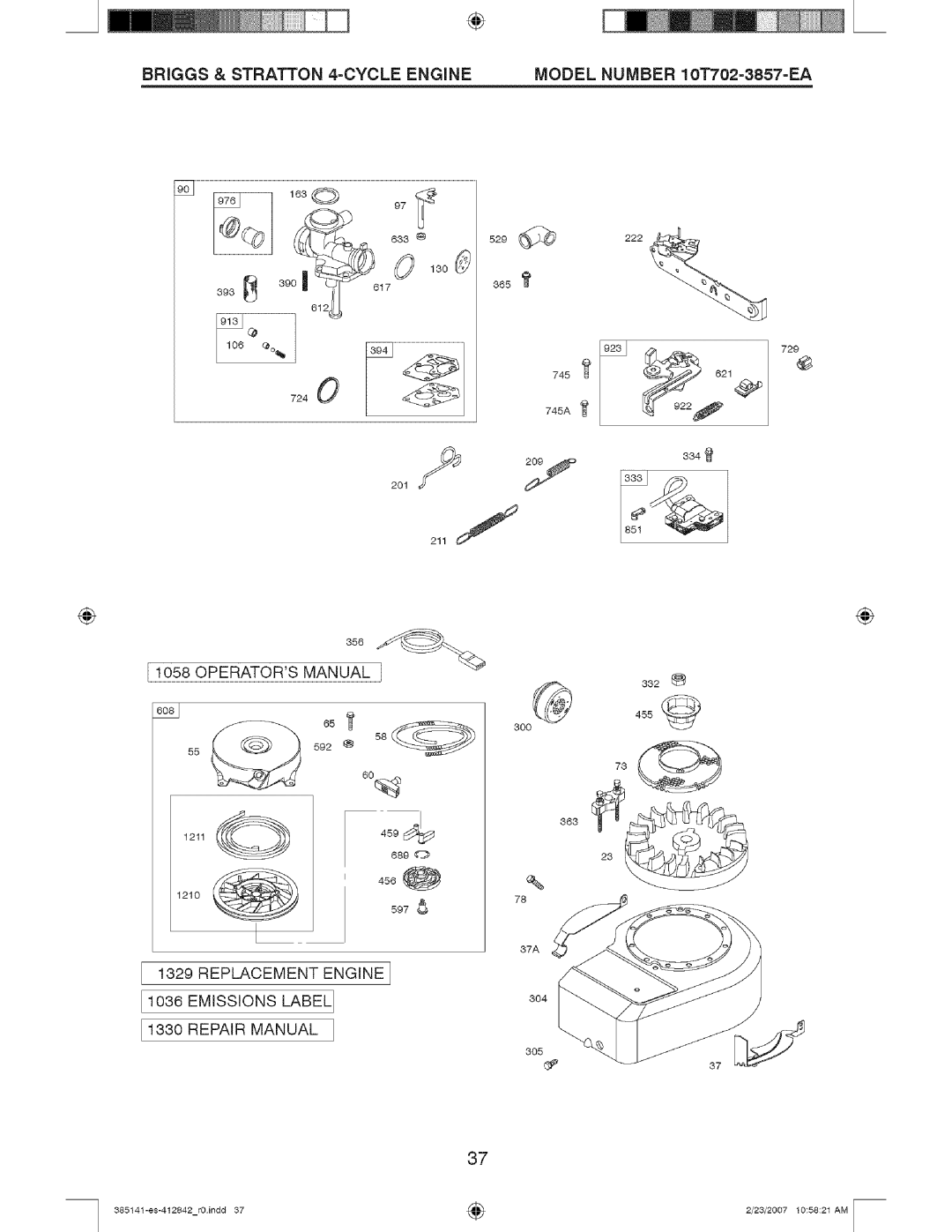 Craftsman 385141, 917 manual Replacement Engine, Emissions Labeli, Repair Manual 