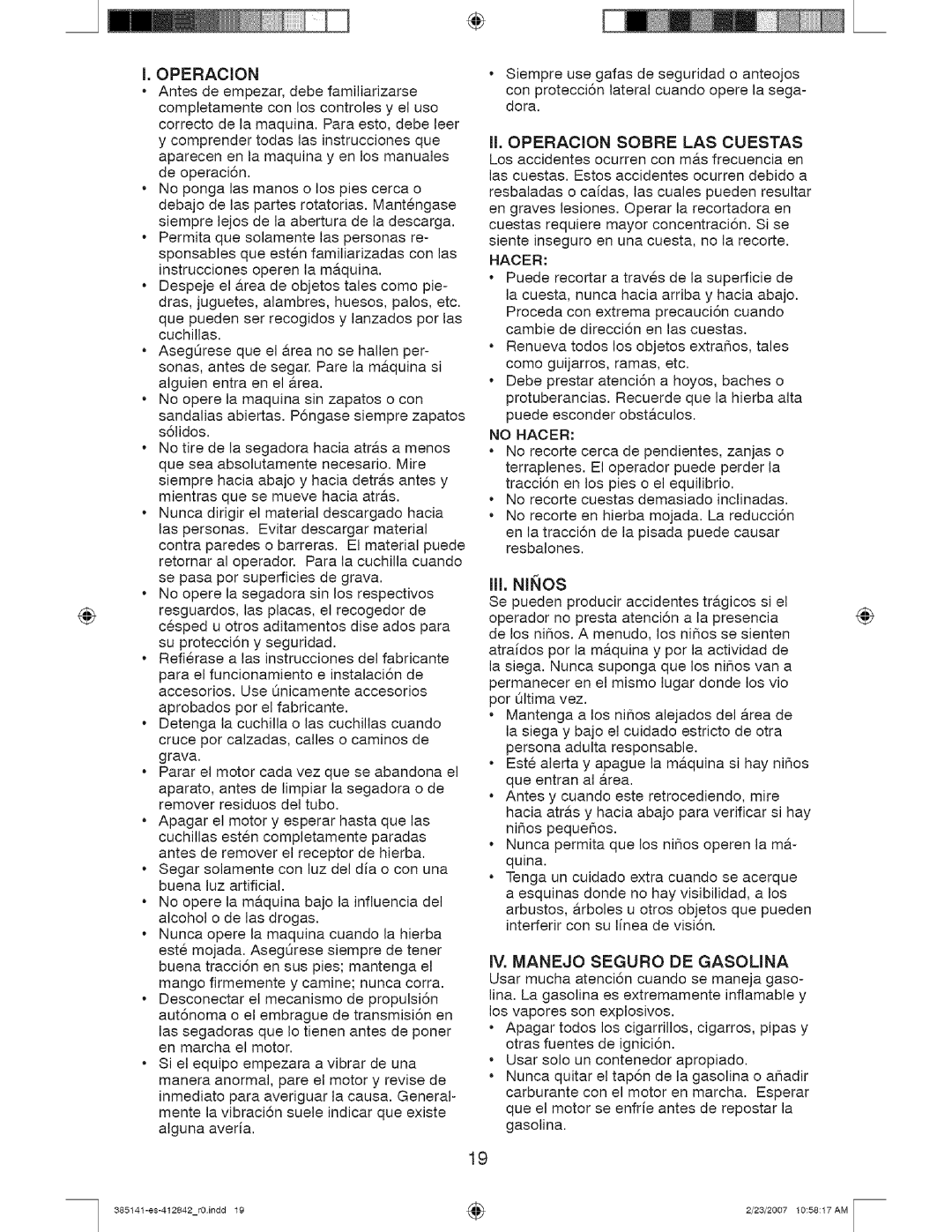 Craftsman 385141, 917 manual Iv. Manejo Seguro De Gasolina 