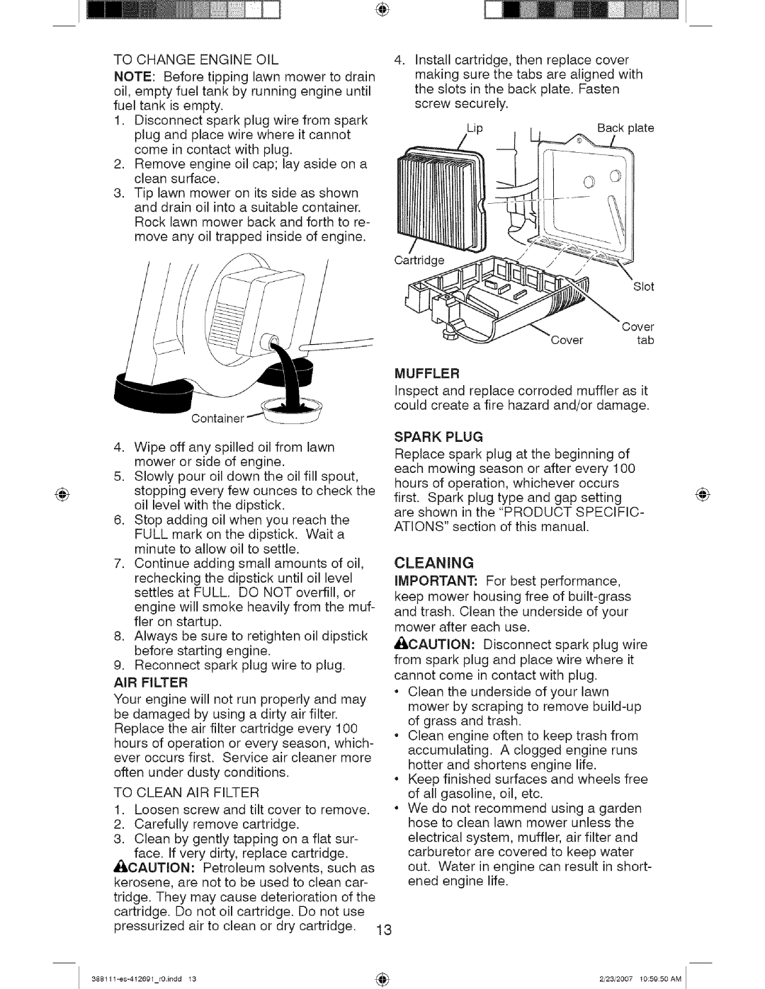 Craftsman 917 388111 owner manual Muffler, AIR Filter 