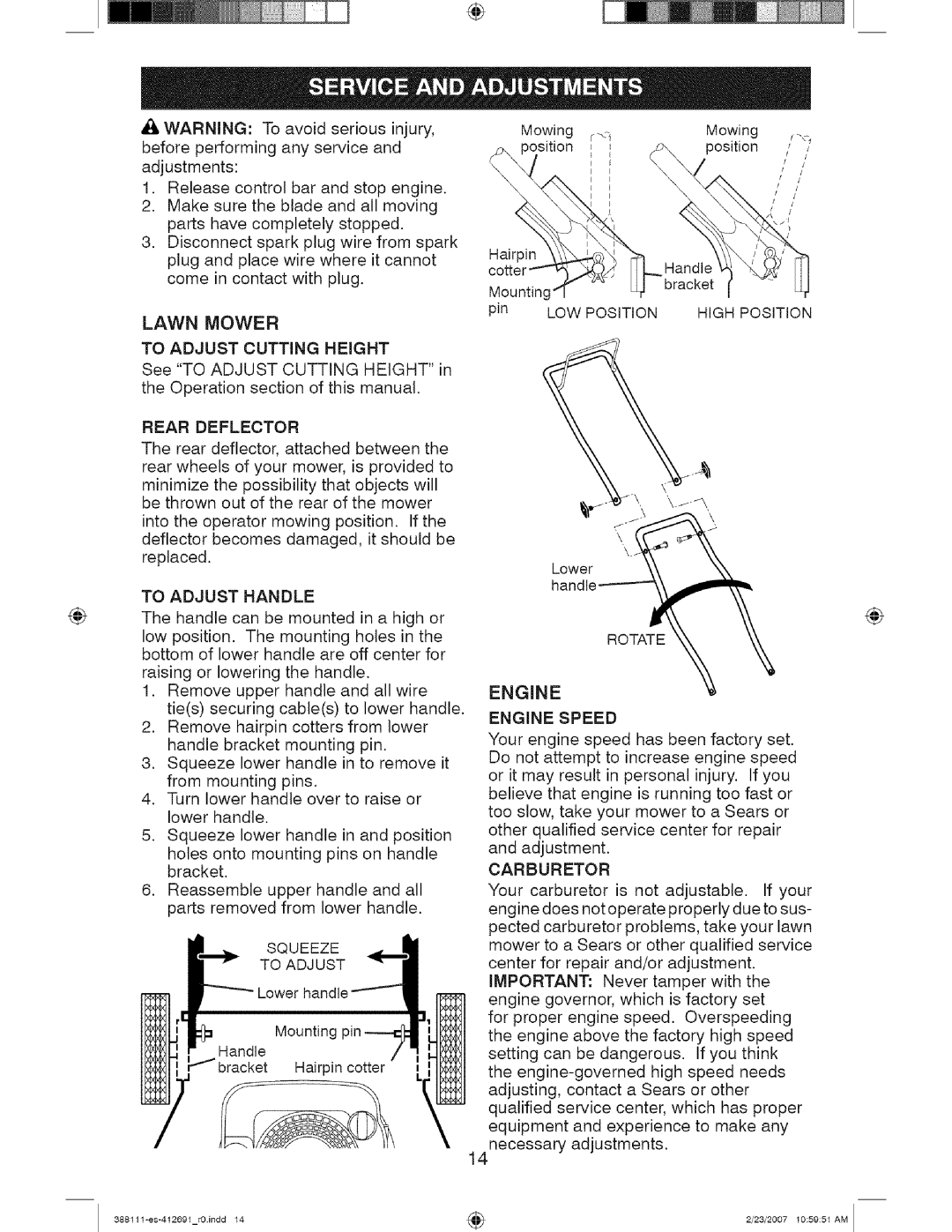 Craftsman 917 388111 Lawn Mower To Adjust Cutting Height, Rear Deflector, To Adjust Handle, LOW Position High Position 