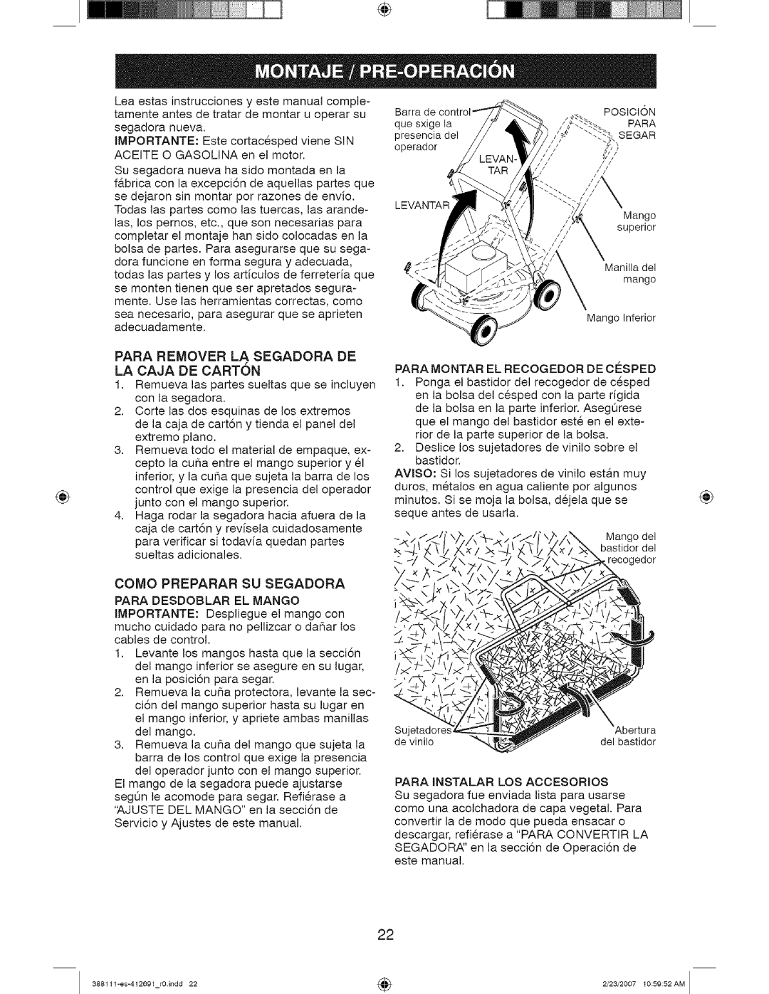 Craftsman 917 388111 owner manual Como Preparar SU Segadora, Para Desdoblar EL Mango, Para Remover LA Segadora DE 