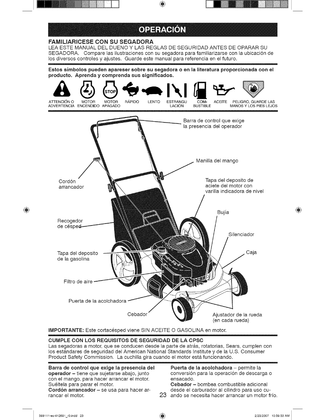 Craftsman 917 388111 owner manual Familiaricese CON SU Segadora, Ajustador de la rueda, En cada rueda, Importante 