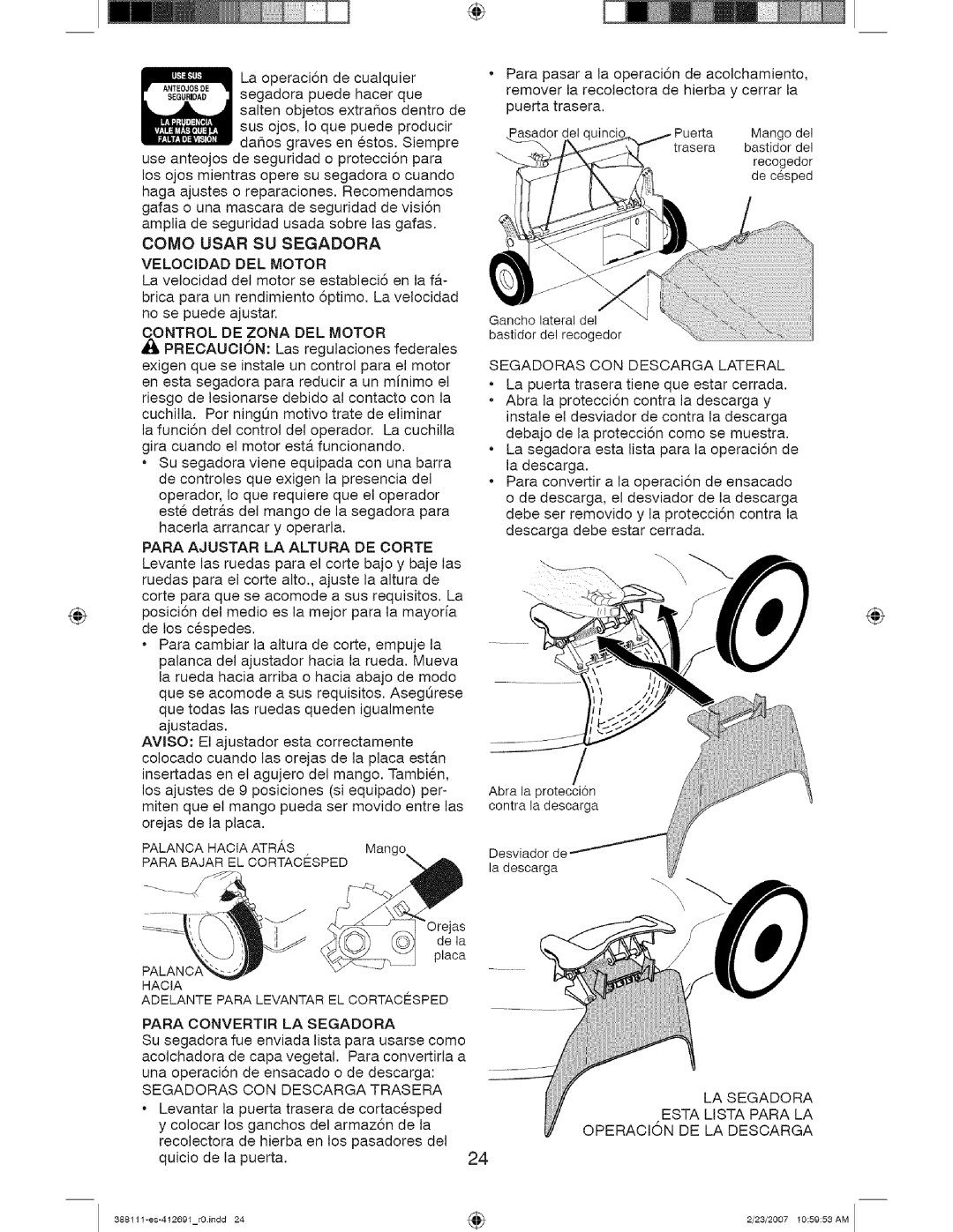 Craftsman 917 388111 owner manual Como Usar SU Segadora Velocidad DEL Motor, Para Ajustar LA Altura DE Corte 