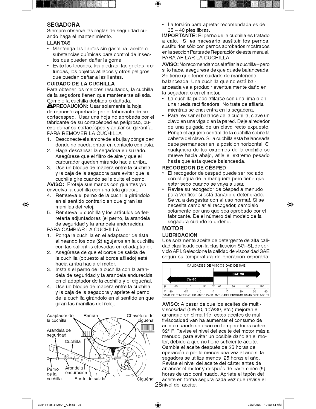 Craftsman 917 388111 owner manual La torsi6n para apretar recomendada es de 35 40 pies libras, Para Afilar LA Cuchilla 