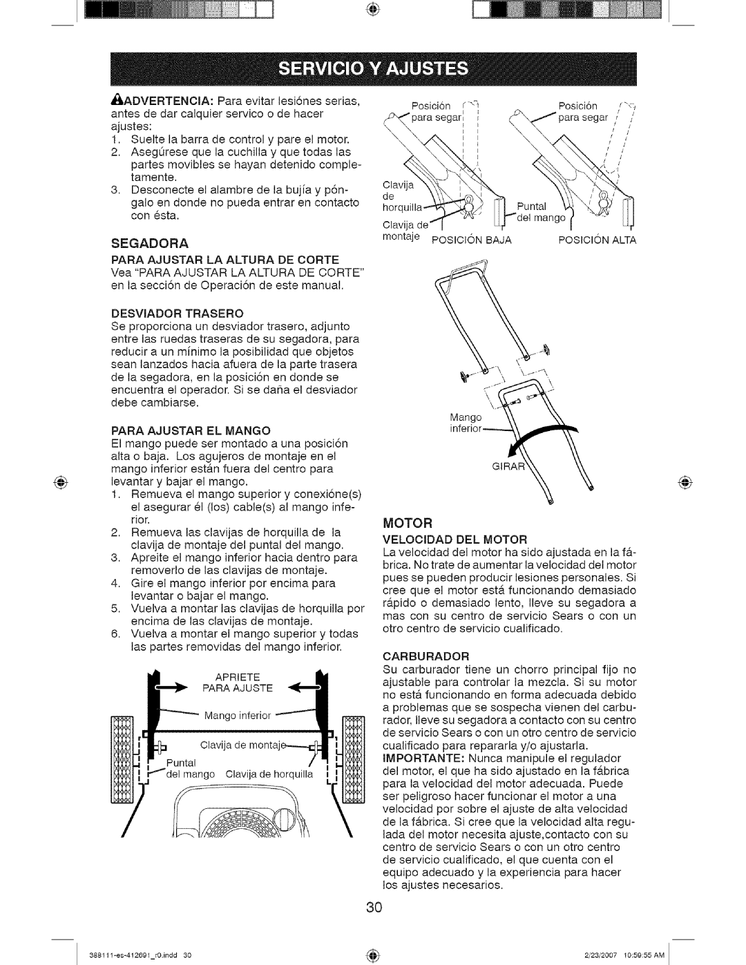 Craftsman 917 388111 owner manual Segadora, Desviador Trasero, Para Ajustar EL Mango, Motor Velooidad DEL Motor, Carburador 