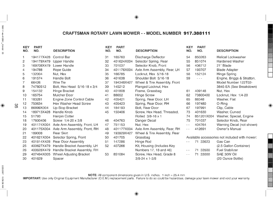 Craftsman 917 388111 Discharge Deflector, Selector Spring, Rear, Selector Knob, Front, Axle Arm Assembly, Rear, LH, Decal 