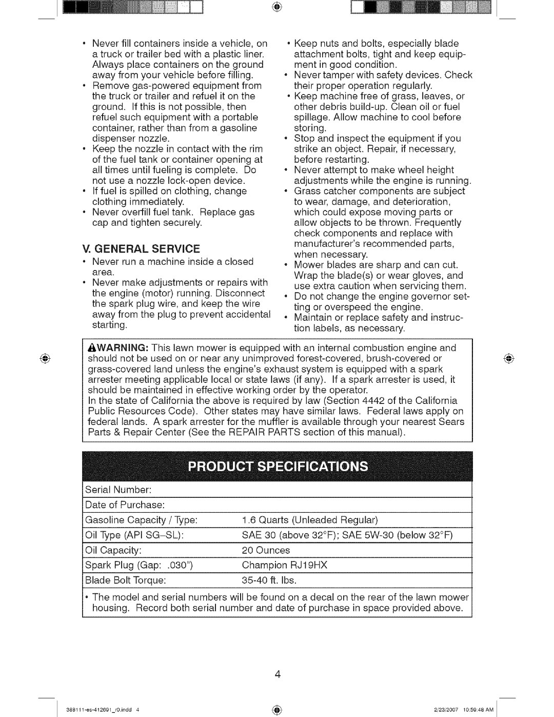 Craftsman 917 388111 owner manual General Service, Awarning, Sae, RJ19HX 