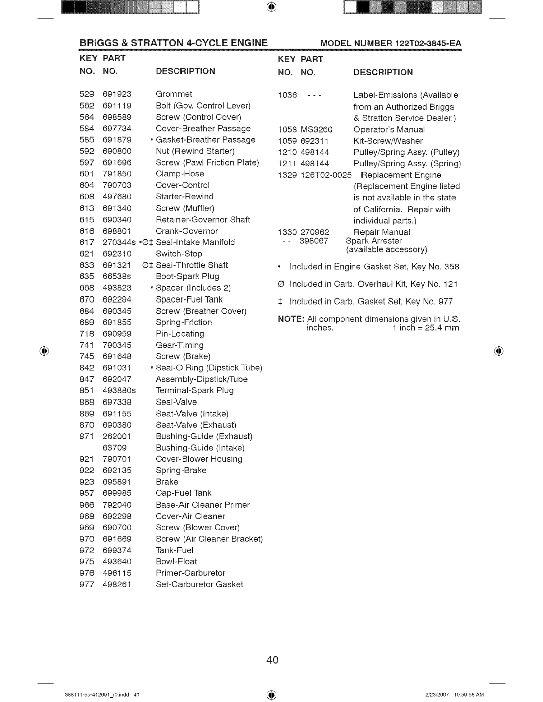 Craftsman 917 388111 owner manual Briggs & Stratton 4=CYCLE Engine, KEY Part NO. NO.DESCRIPTION, Inches Inch = 25.4 mm 