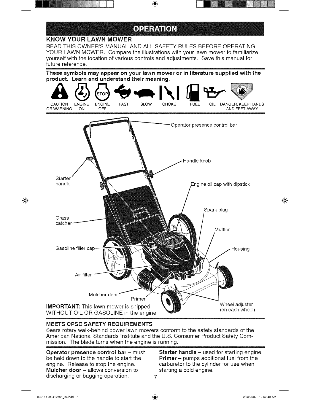 Craftsman 917 388111 owner manual Know Your Lawn Mower, Without OIL Gasoline, Meets Cpsc Safety Requirements 