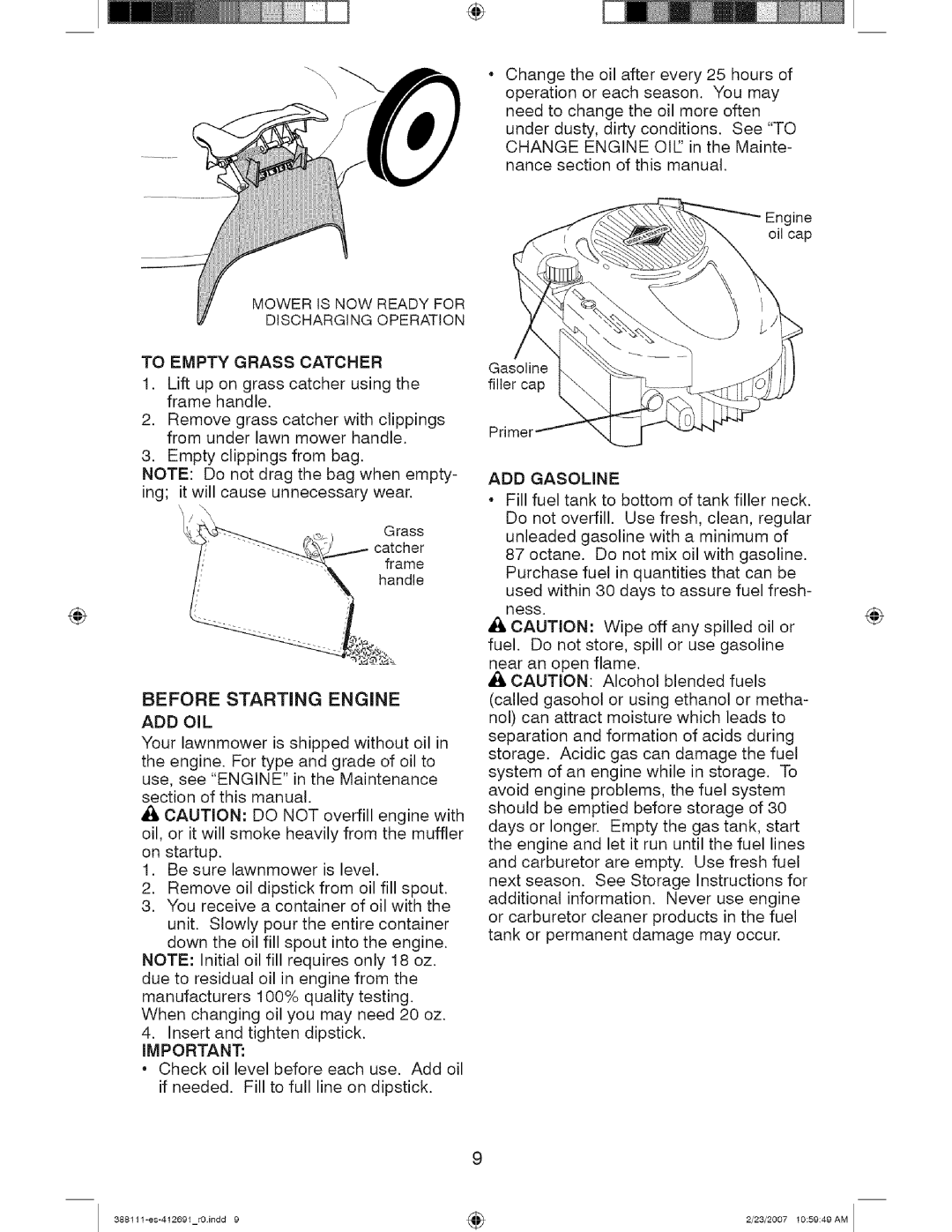 Craftsman 917 388111 owner manual To Empty Grass Catcher, Before Starting Engine ADD OIL, ADD Gasoline 