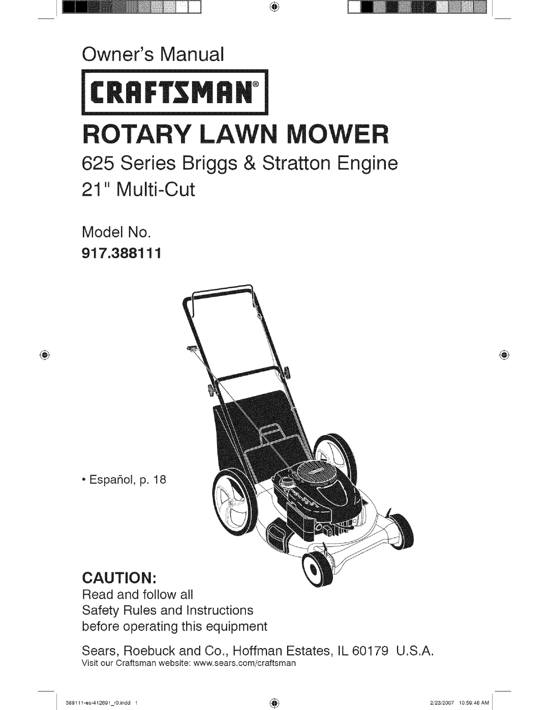 Craftsman 917 388111 owner manual Model No, Rotary Lawn Mower, Owners Manual, Series Briggs & Stratton Engine 21 Multi-Cut 