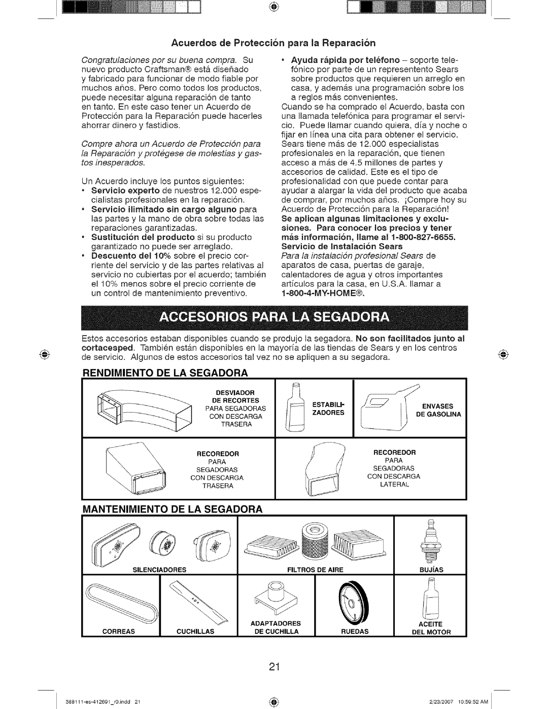 Craftsman 917 388111 owner manual Acuerdo8 de Proteccion para la Reparacion, Rendimiento, De La Segadora, Mantenimiento 