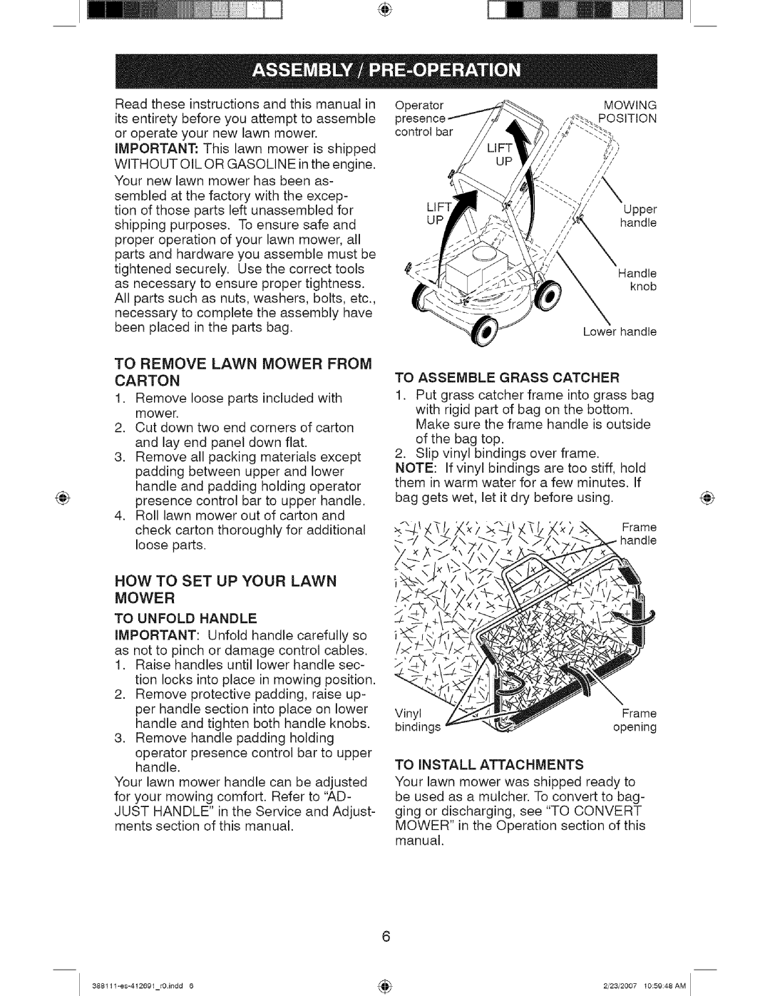 Craftsman 917 388111 owner manual To Remove Lawn Mower From Carton, How To Set Up Your Lawn 