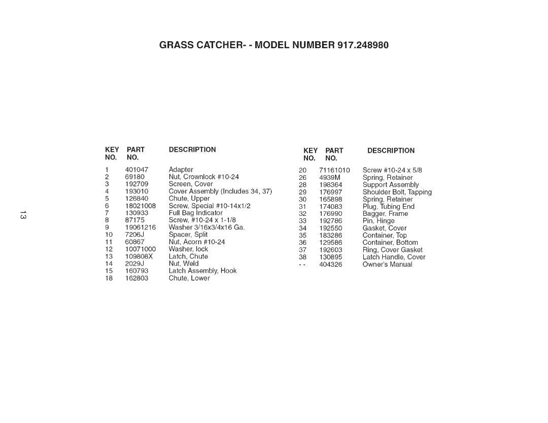 Craftsman 917.24898 owner manual KEY Part 