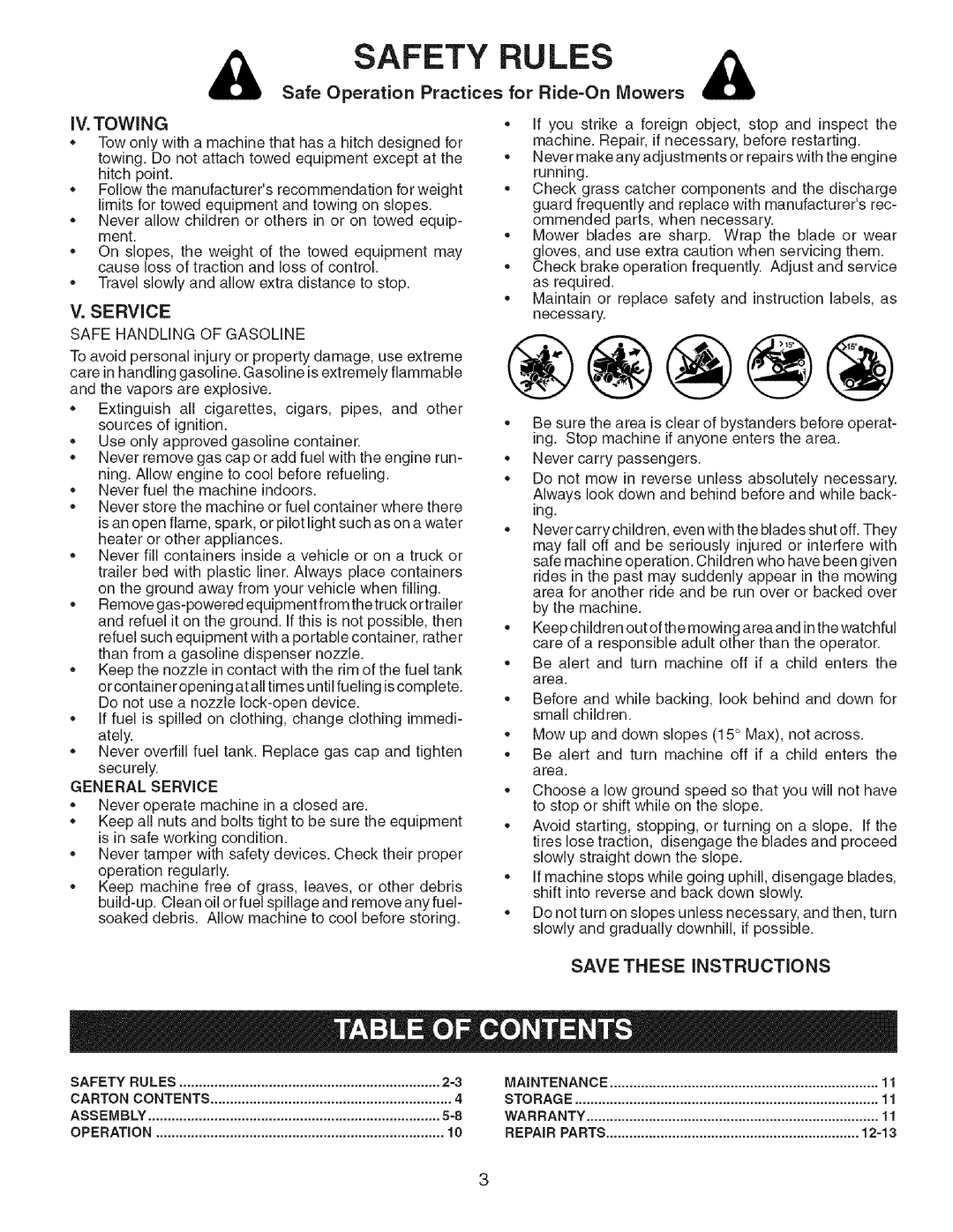 Craftsman 917.24898 owner manual Safe Operation Practices, IV, Towing, Service, For Ride=On Mowers 