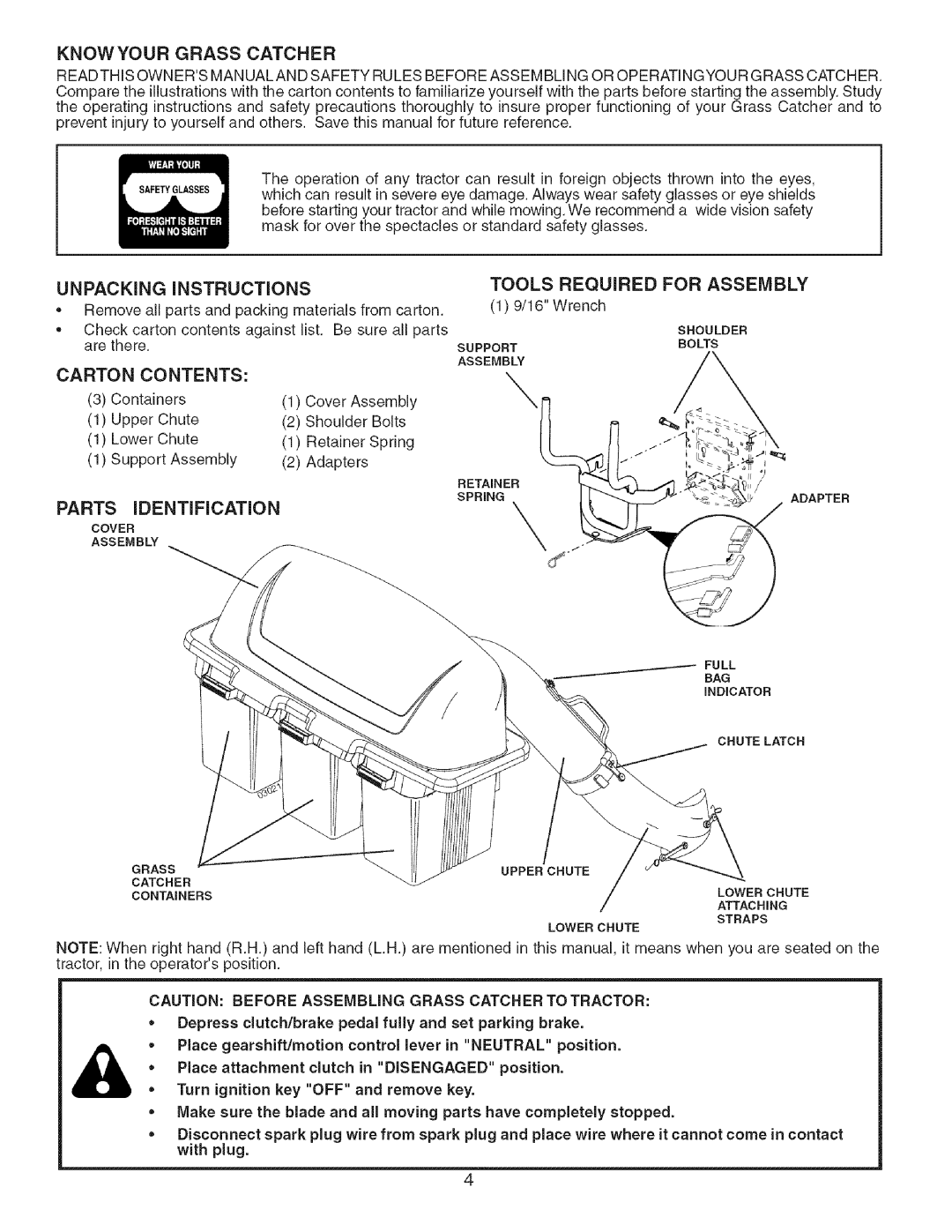 Craftsman 917.24898 owner manual Unpacking Instructions, Tools Required for Assembly, Carton Contents, Parts Identification 