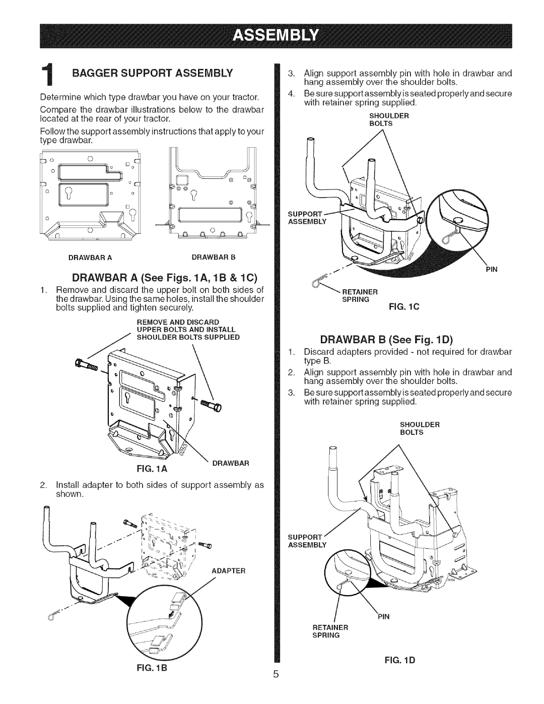 Craftsman 917.24898 owner manual Bagger Support Assembly, Drawbar B See D 