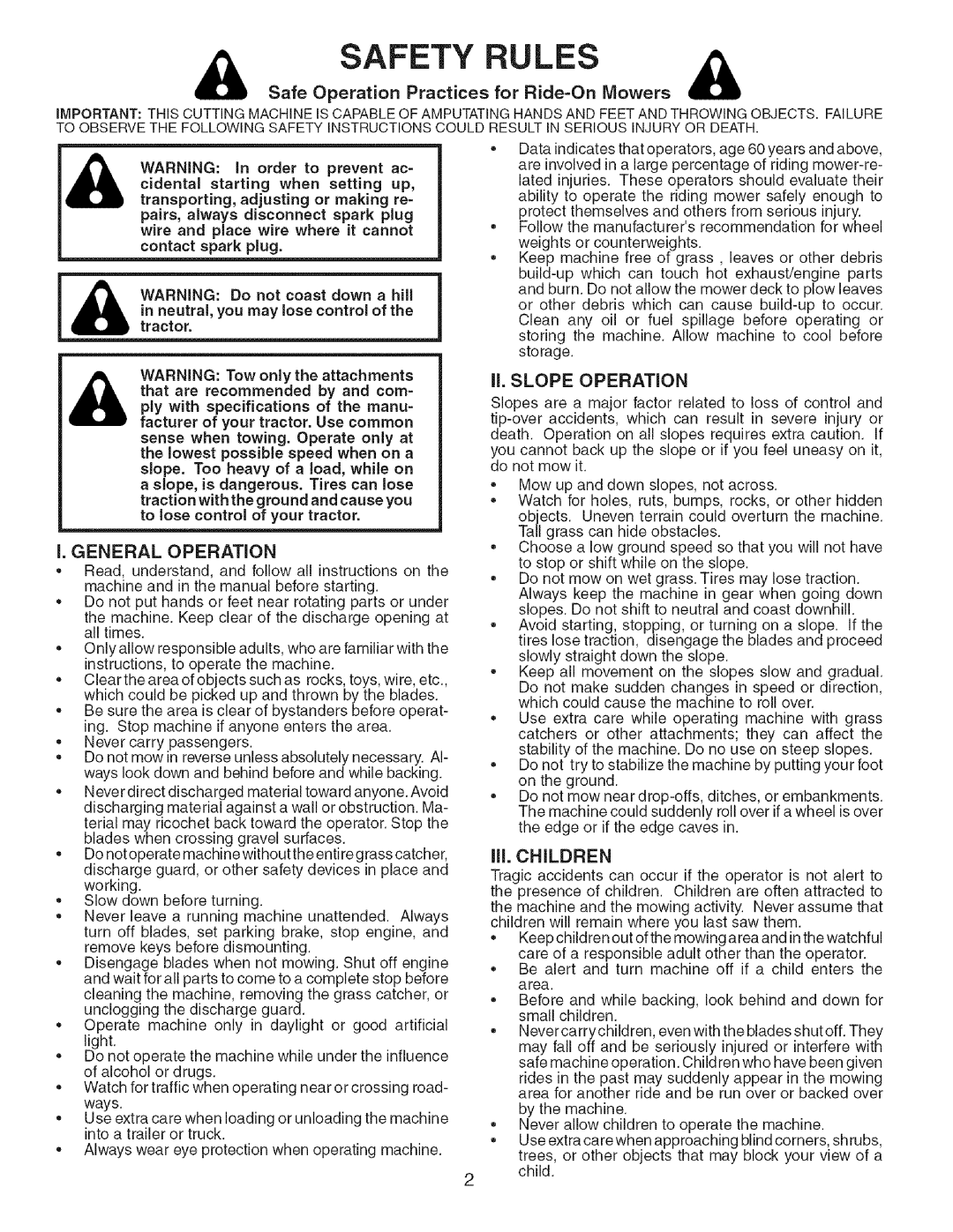 Craftsman 917.24898 Safety Rules, Safe Operation Practices for Ride-On Mowers, I. General Operation, Ii. Slope Operation 