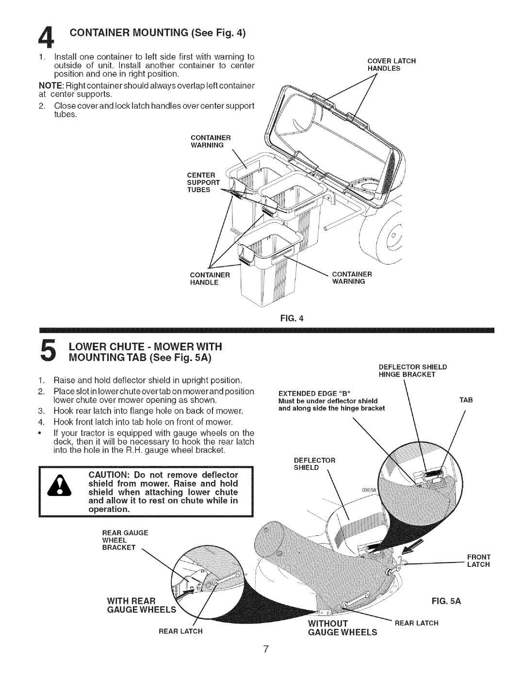 Craftsman 917.24898 owner manual Lower Chute = Mowerwith, MOUNTING TAB See A, CONTAINER MOUNTING See Fig, Gauge Wheels 