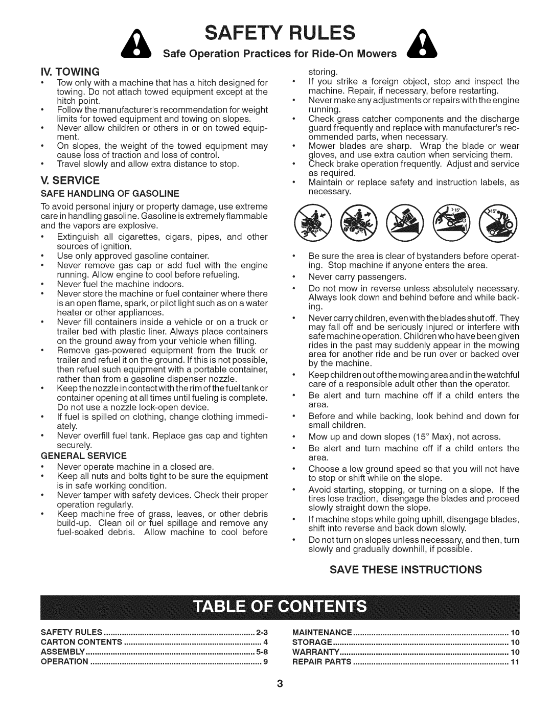 Craftsman 917.24903 owner manual Safe Operation Practices for Ride=On Mowers, IV. Towing, Service, Savetheseinstructions 