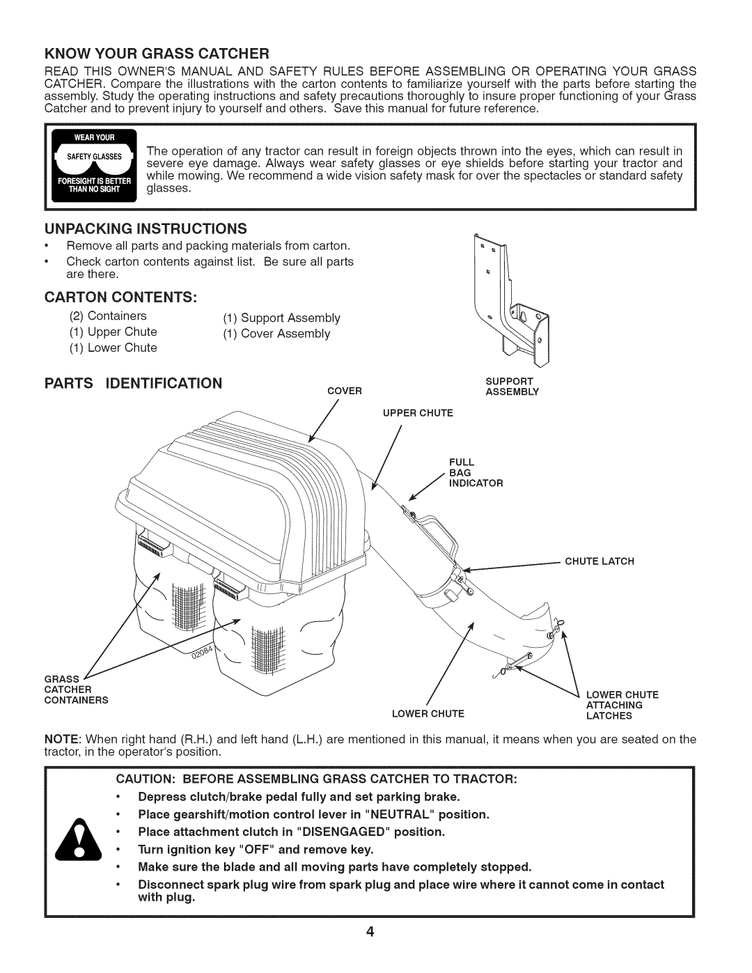 Craftsman 917.24903 owner manual Know Your Grass Catcher, Unpacking, Instructions, Carton, Contents, Parts Identification 