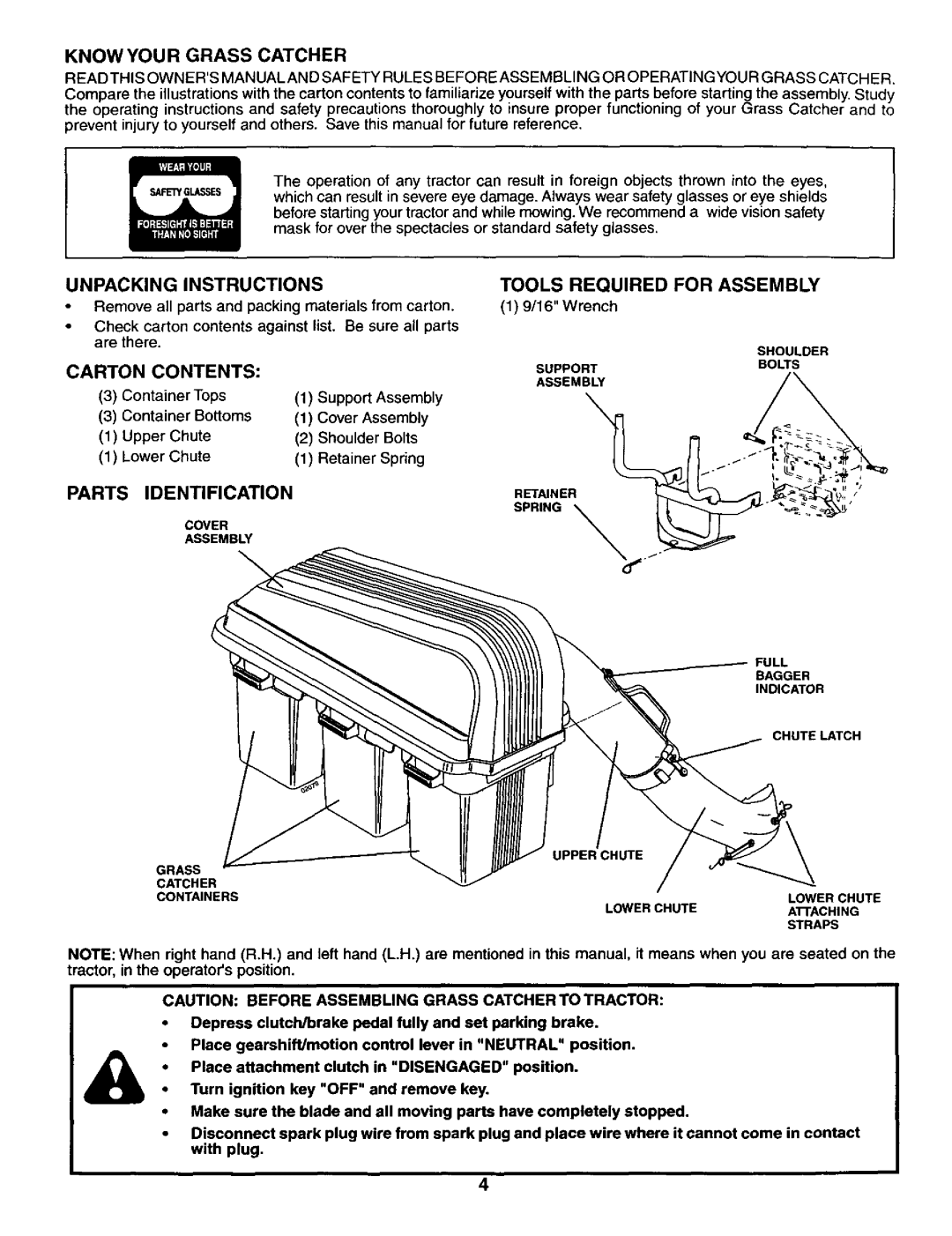 Craftsman 917.24985 Know Your Grass Catcher, Carton Contents, Parts Identification, Tools Required for Assembly, Retainer 