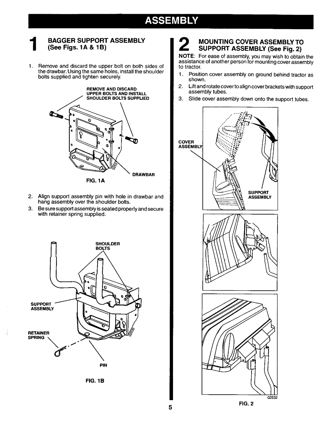 Craftsman 917.24985 owner manual BAGGER SUPPORT ASSEMBLY See Figs. 1A & 1B, Mounting Cover Assembly To 
