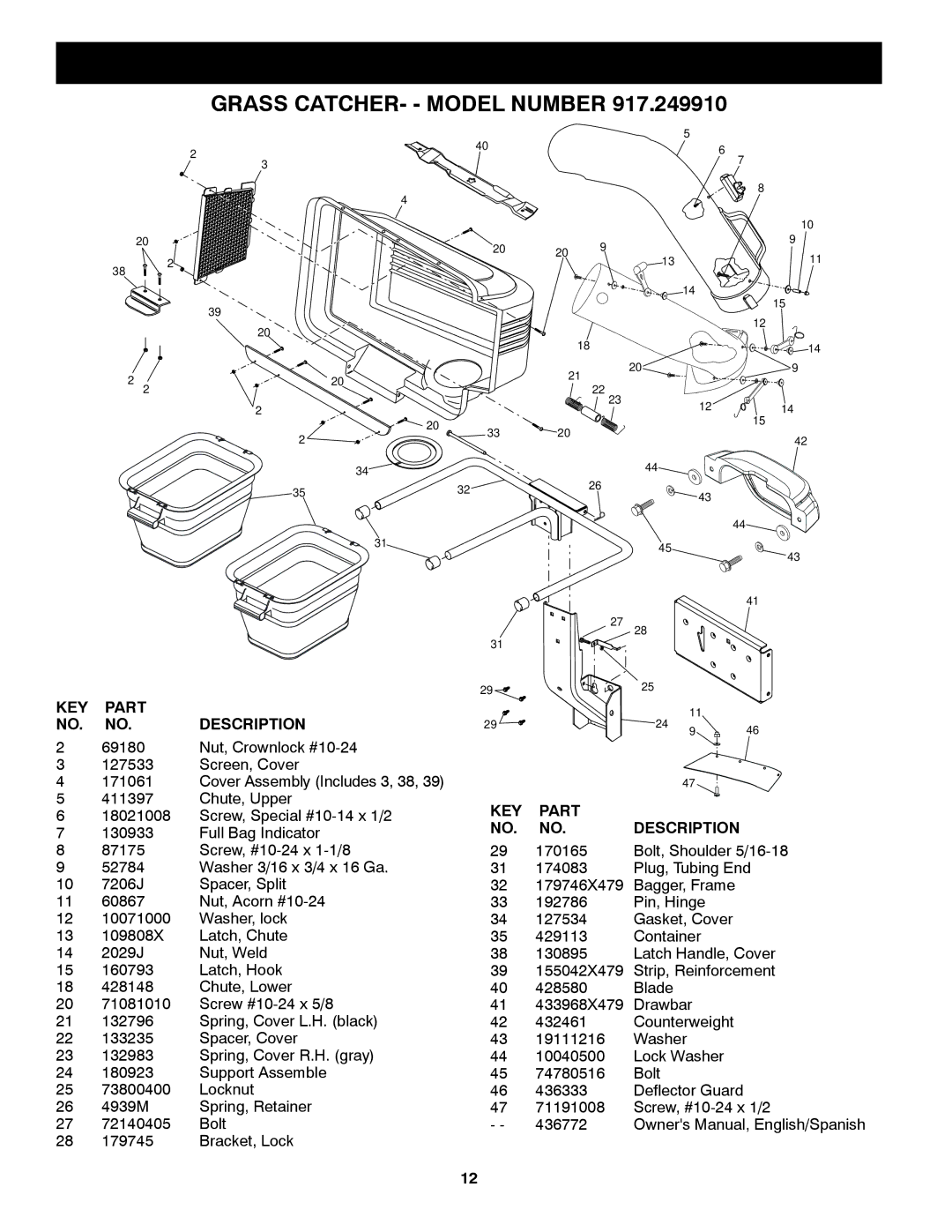 Craftsman 917.24991 manual Repair Parts, Grass CATCHER- Model Number, KEY Part NO. NO. Description, KEY Part Description 