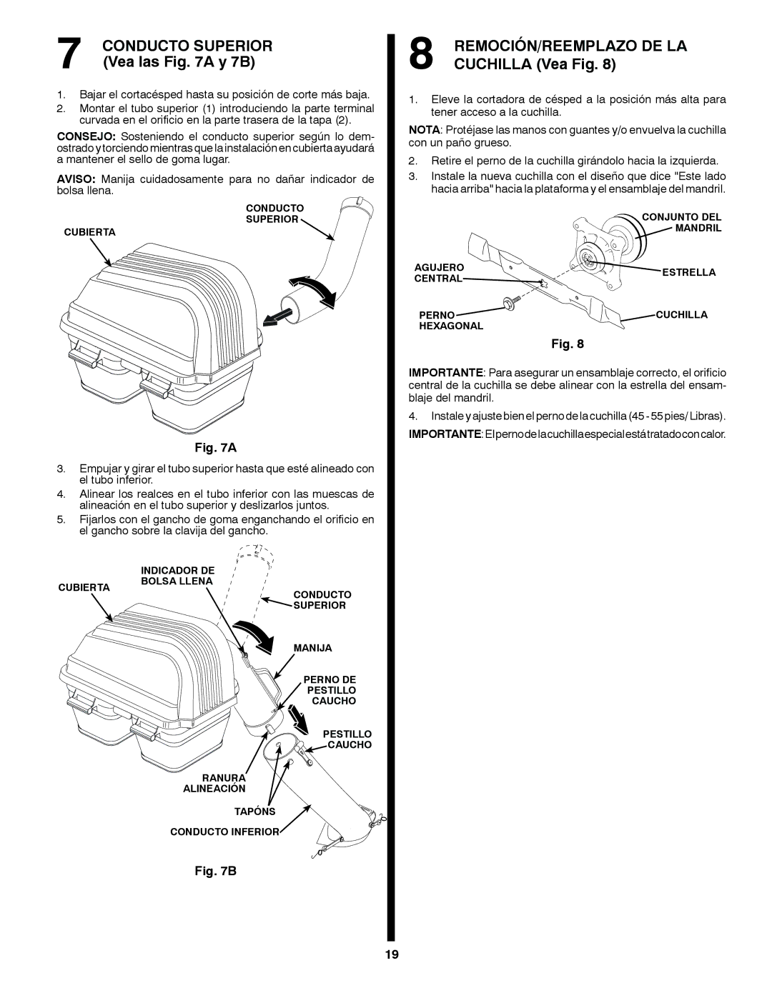 Craftsman 917.24991 manual Conducto Superior Vea las a y 7B, Remoción/Reemplazo De La, Cuchilla Vea Fig 