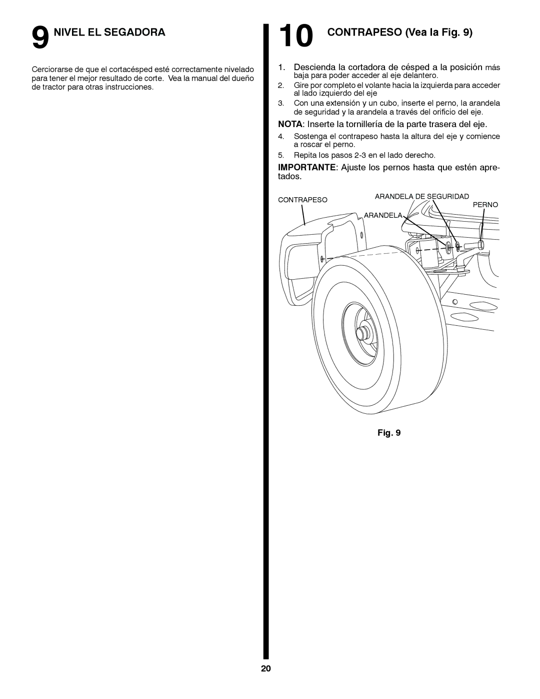 Craftsman 917.24991 manual Nivel EL Segadora, Contrapeso Vea la Fig 