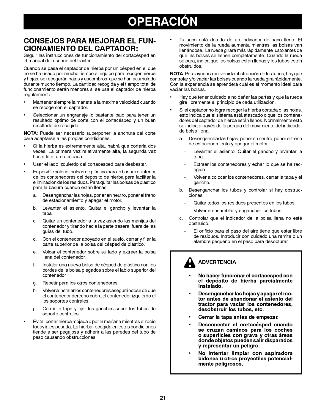 Craftsman 917.24991 manual Operación, Advertencia 