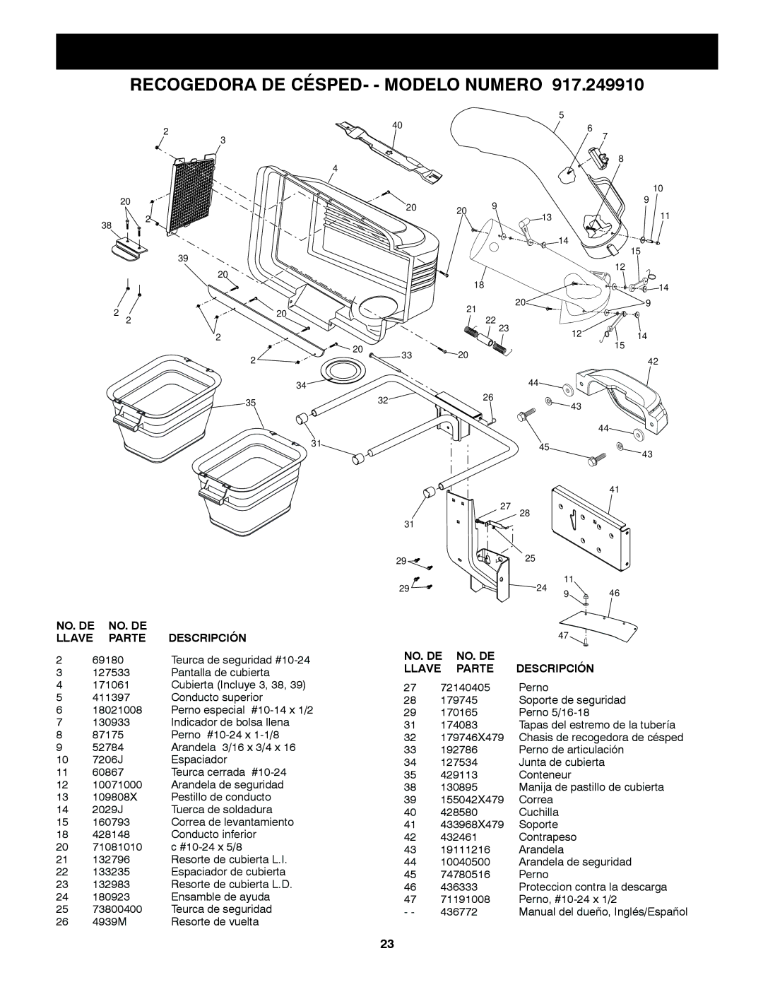 Craftsman 917.24991 manual Partes DEL Reparación, Recogedora DE CÉSPED- Modelo Numero 