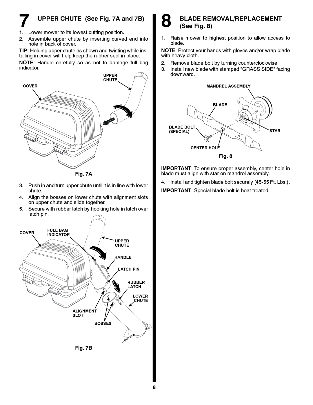 Craftsman 917.24991 manual Upper Chute See a and 7B, Blade REMOVAL/REPLACEMENT See Fig 