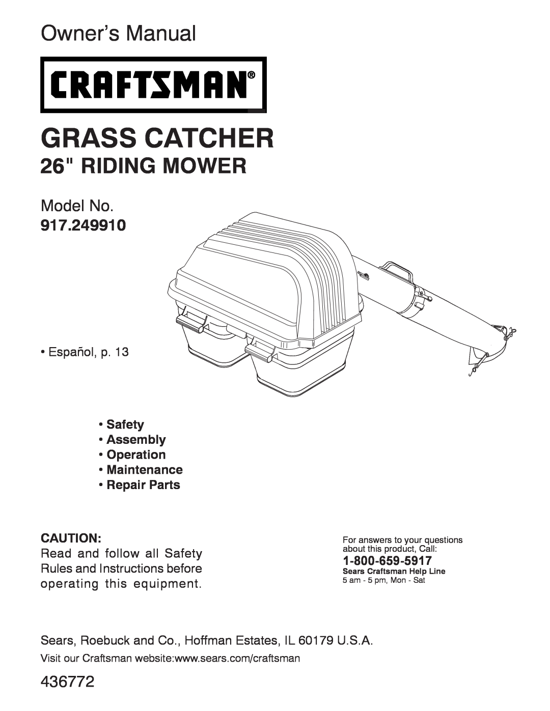 Craftsman 917.24991 manual Riding Mower, Safety Assembly Operation Maintenance, Repair Parts, Grass Catcher, Model No 