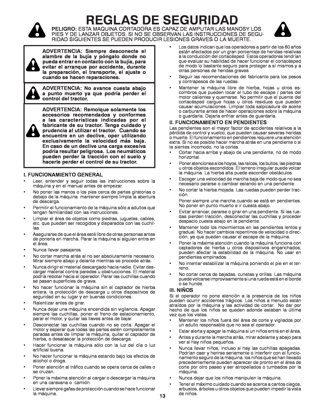 Craftsman 917.24991 manual Reglas De Seguridad, I. Funcionamiento General, Ii. Funcionamiento En Pendientes, Iii. Niños 