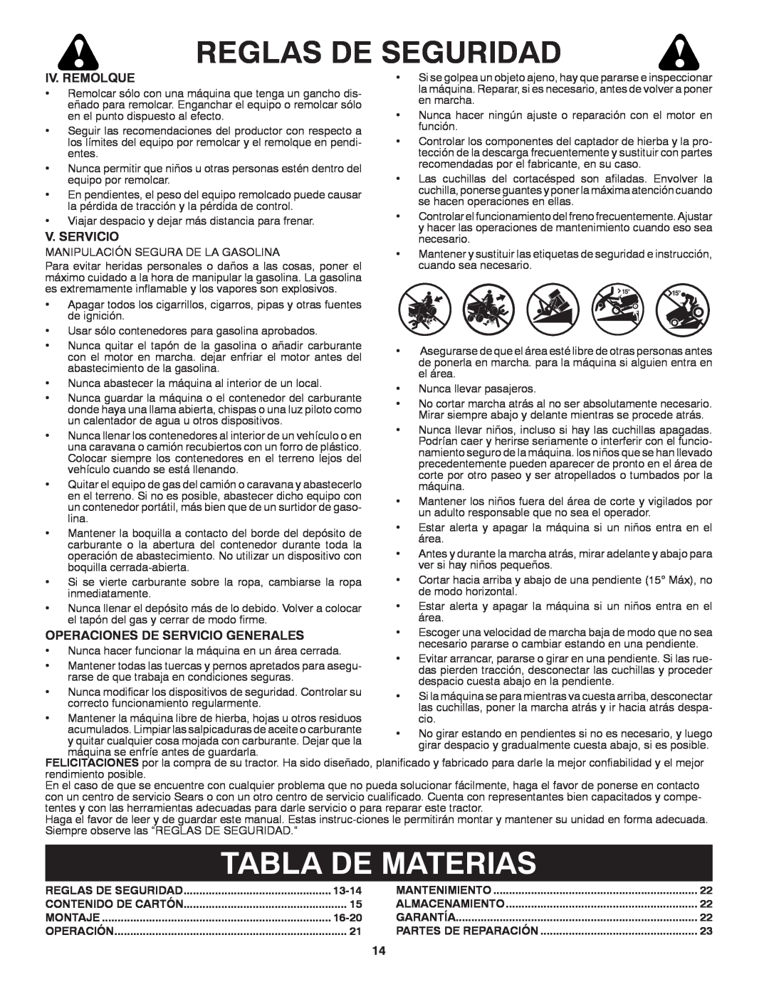Craftsman 917.24991 manual Tabla De Materias, Reglas De Seguridad, Contenido De Cartón, Montaje, Operación, Mantenimiento 