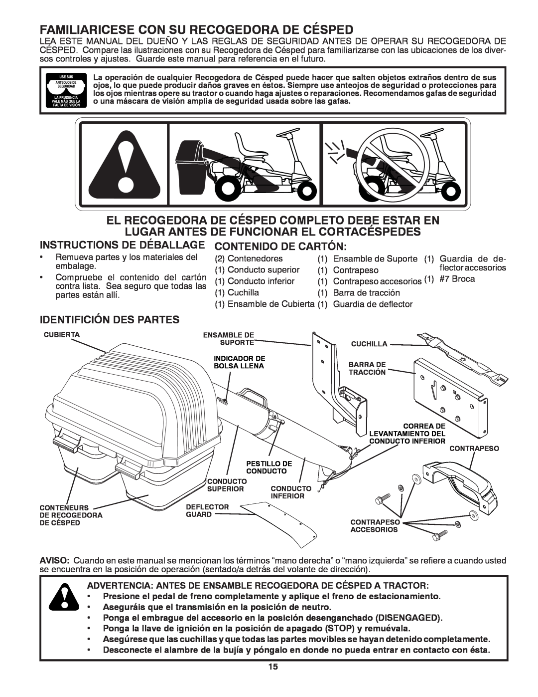 Craftsman 917.24991 manual Familiaricese Con Su Recogedora De Césped, Instructions De Déballage, Contenido De Cartón 