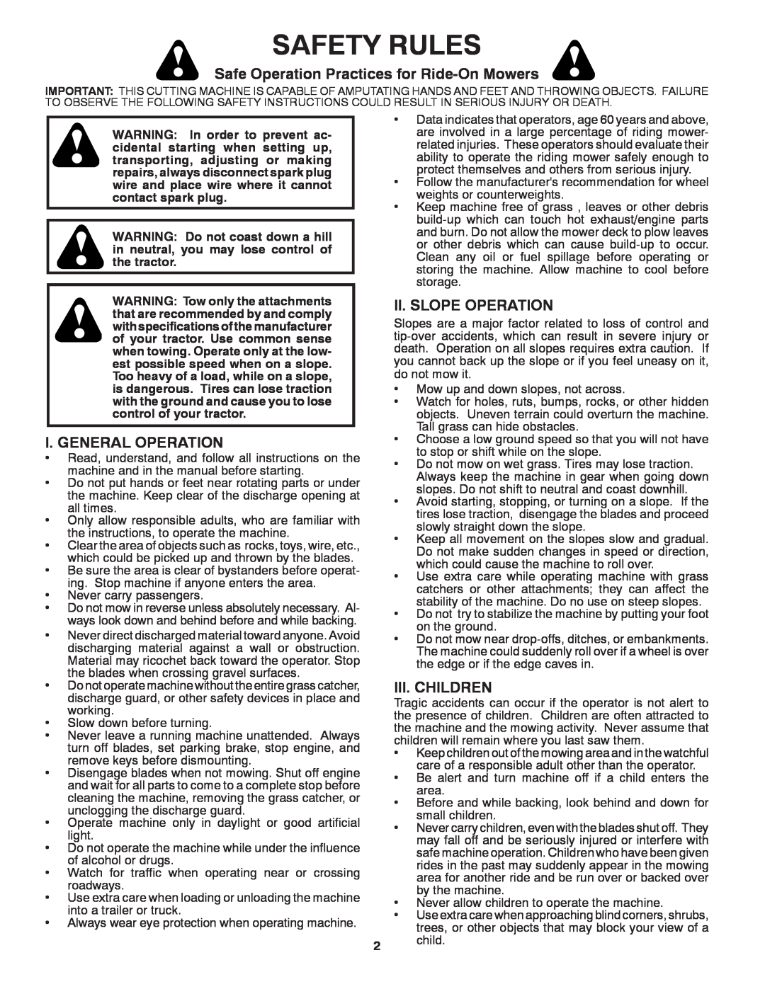 Craftsman 917.24991 Safety Rules, Safe Operation Practices for Ride-OnMowers, I. General Operation, Ii. Slope Operation 