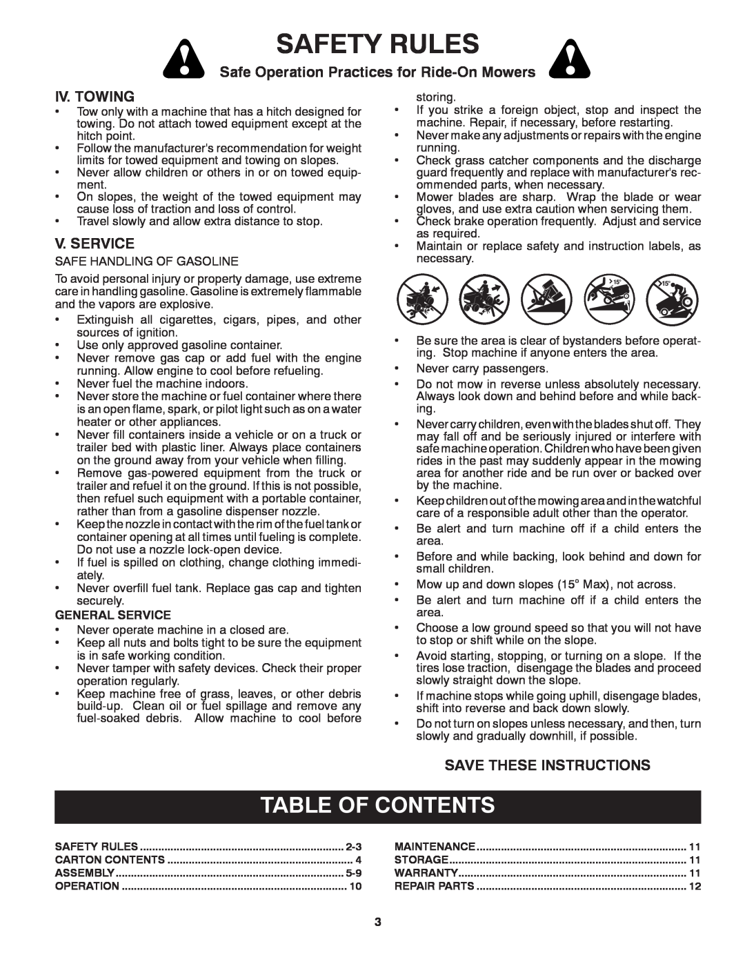 Craftsman 917.24991 manual Table Of Contents, Iv. Towing, V. Service, Save These Instructions, Safety Rules 