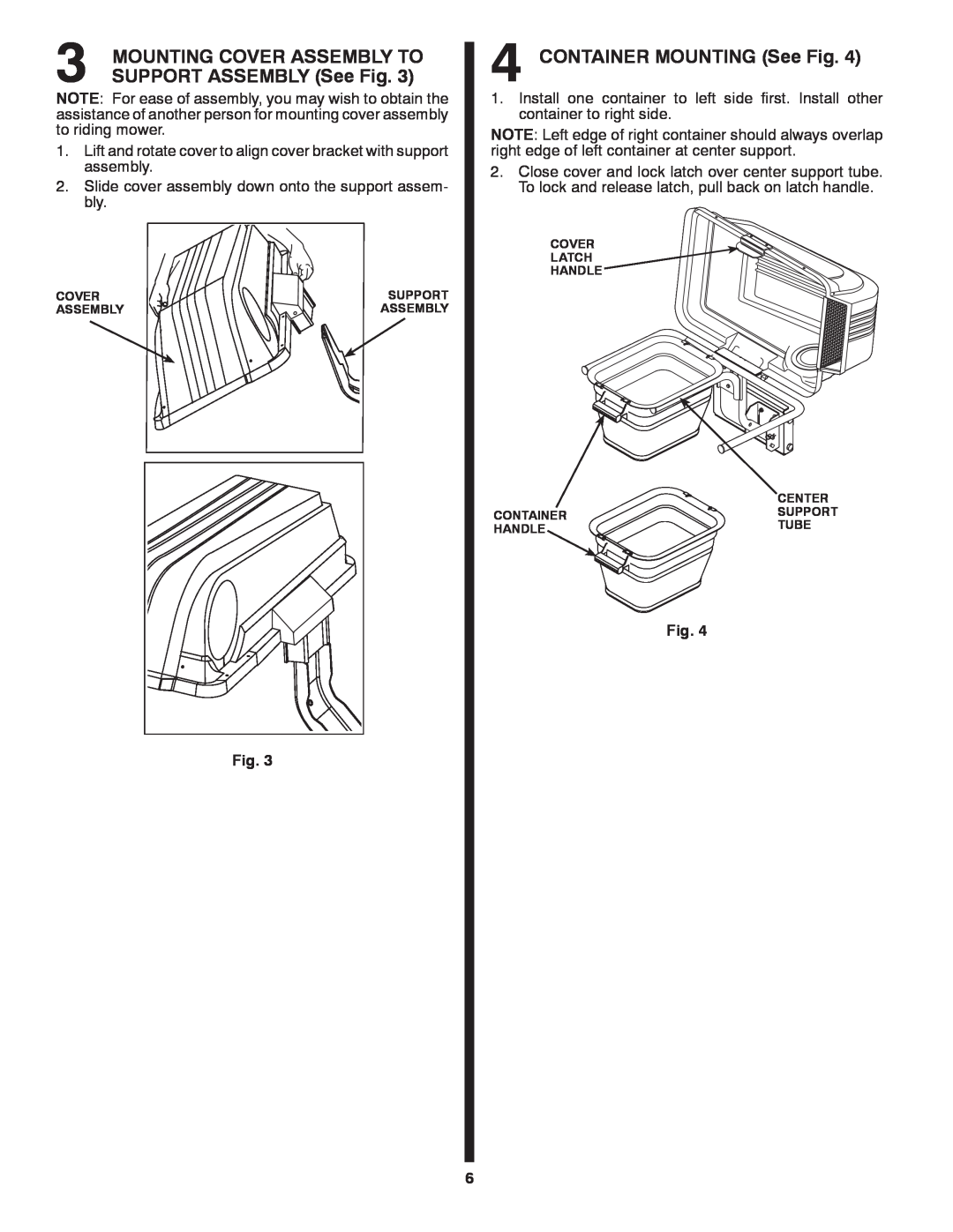 Craftsman 917.24991 manual SUPPORT ASSEMBLY See Fig, CONTAINER MOUNTING See Fig, Mounting Cover Assembly To 