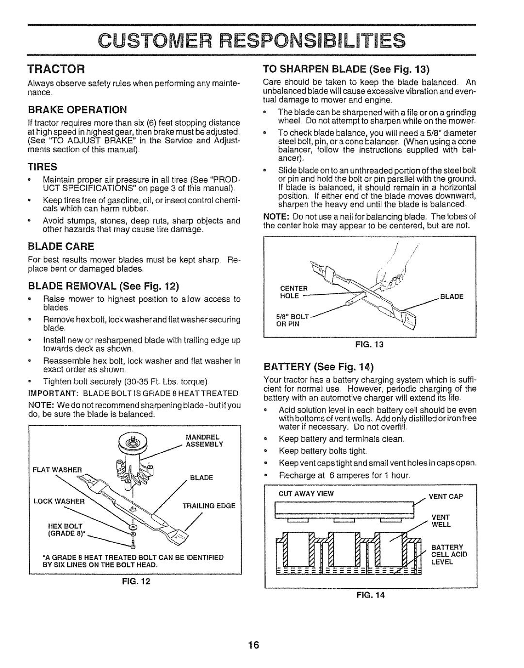 Craftsman 917.252560 manual Customer Responsibilities, Tractor, Brake Operation, Tires, Blade Care 