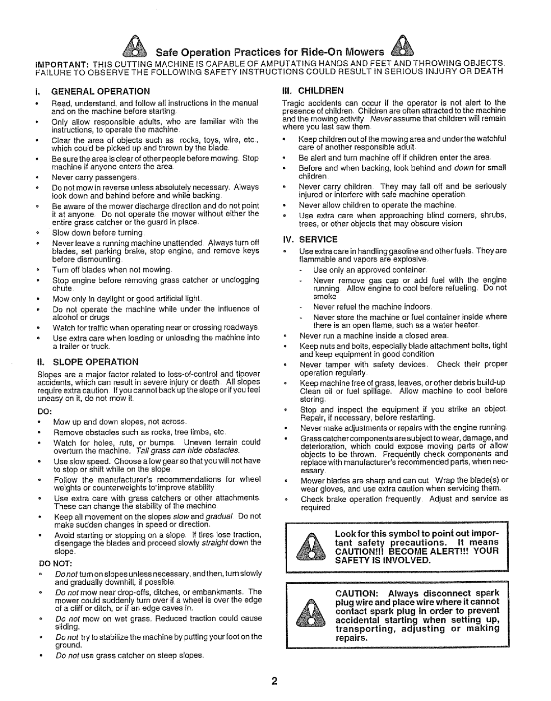 Craftsman 917.252560 manual Safe Operation Practices for Ride-On Mowers 