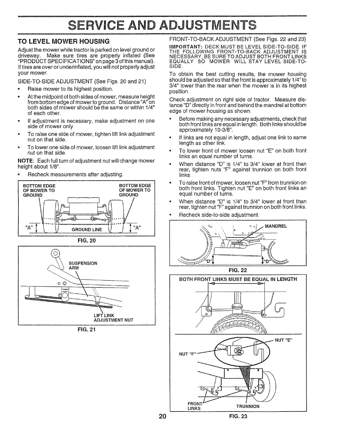 Craftsman 917.252560 manual To Level Mower Housing, Both Front Links Must be Equal in Length 