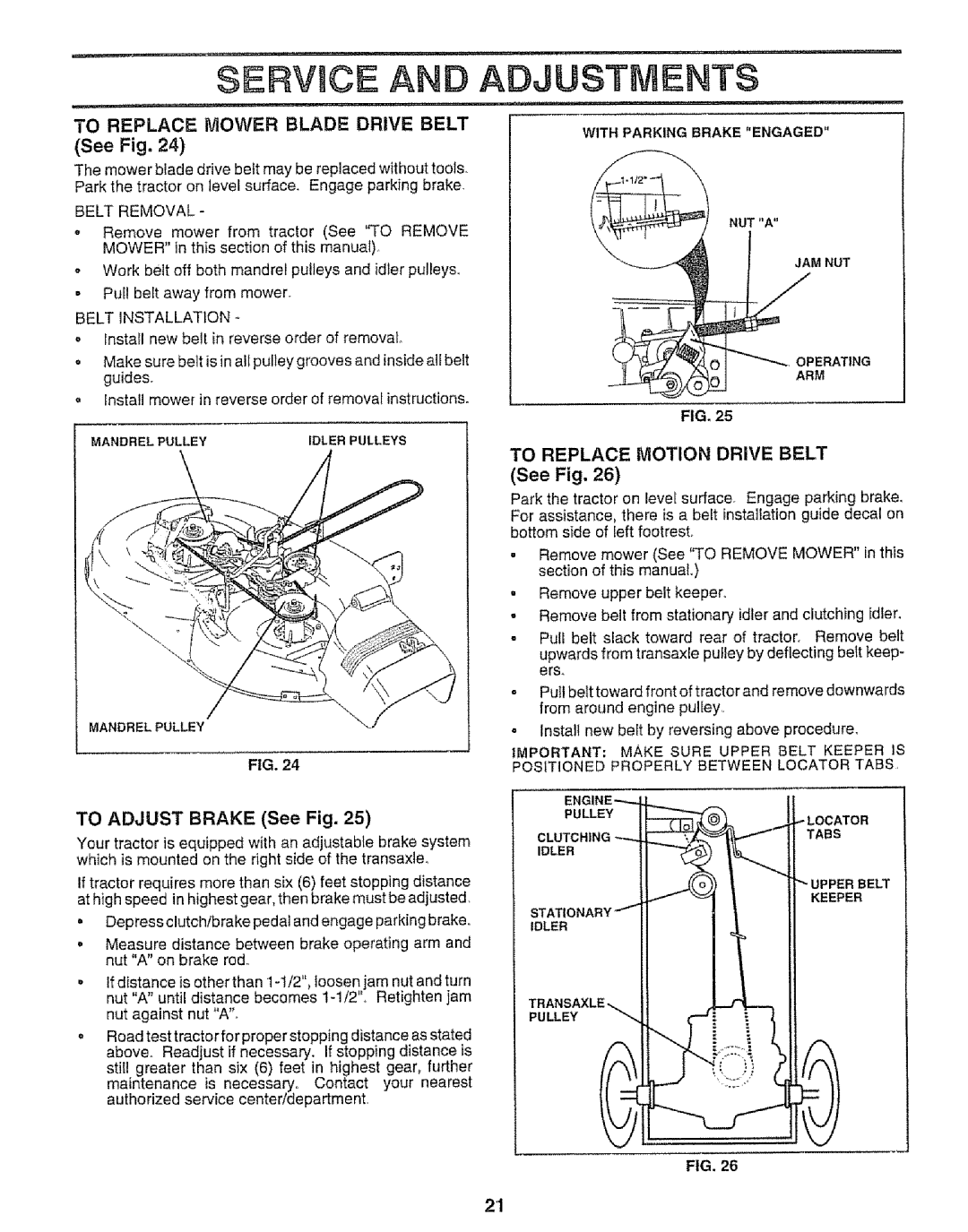 Craftsman 917.252560 manual To Replace Mower Blade Drive Belt, To Adjust Brake See Fig, To Replace Motion Drive Belt 