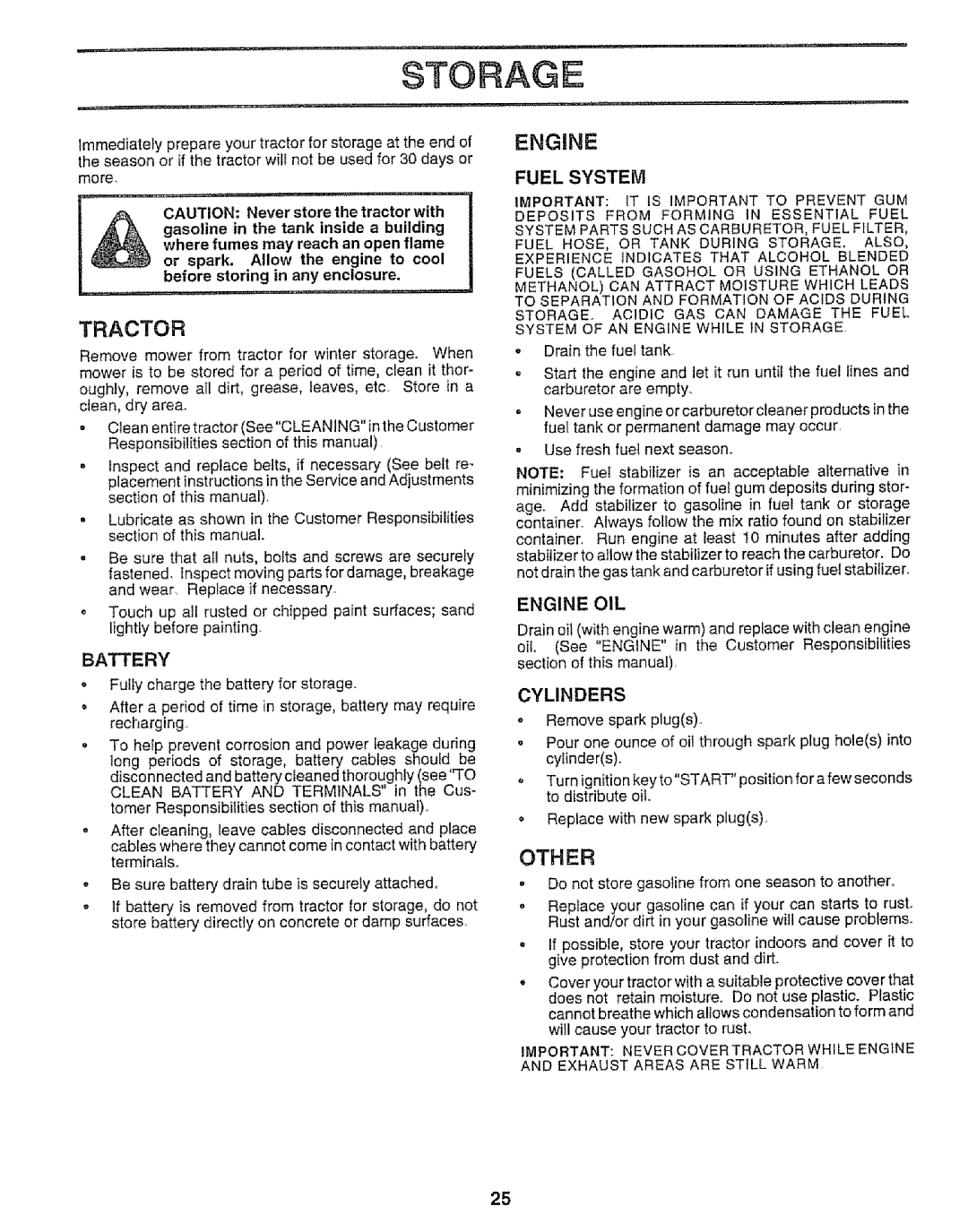 Craftsman 917.252560 manual Storage, Other, Battery, Engine OIL 