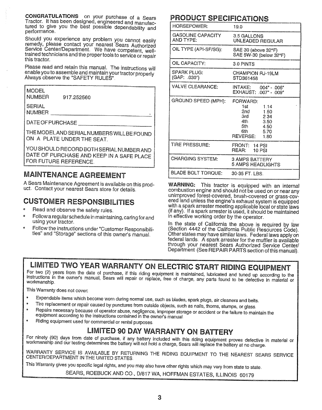 Craftsman 917.252560 manual Maintenance Agreement, Customer Responsibqlitues, Product Spfecufrcations 