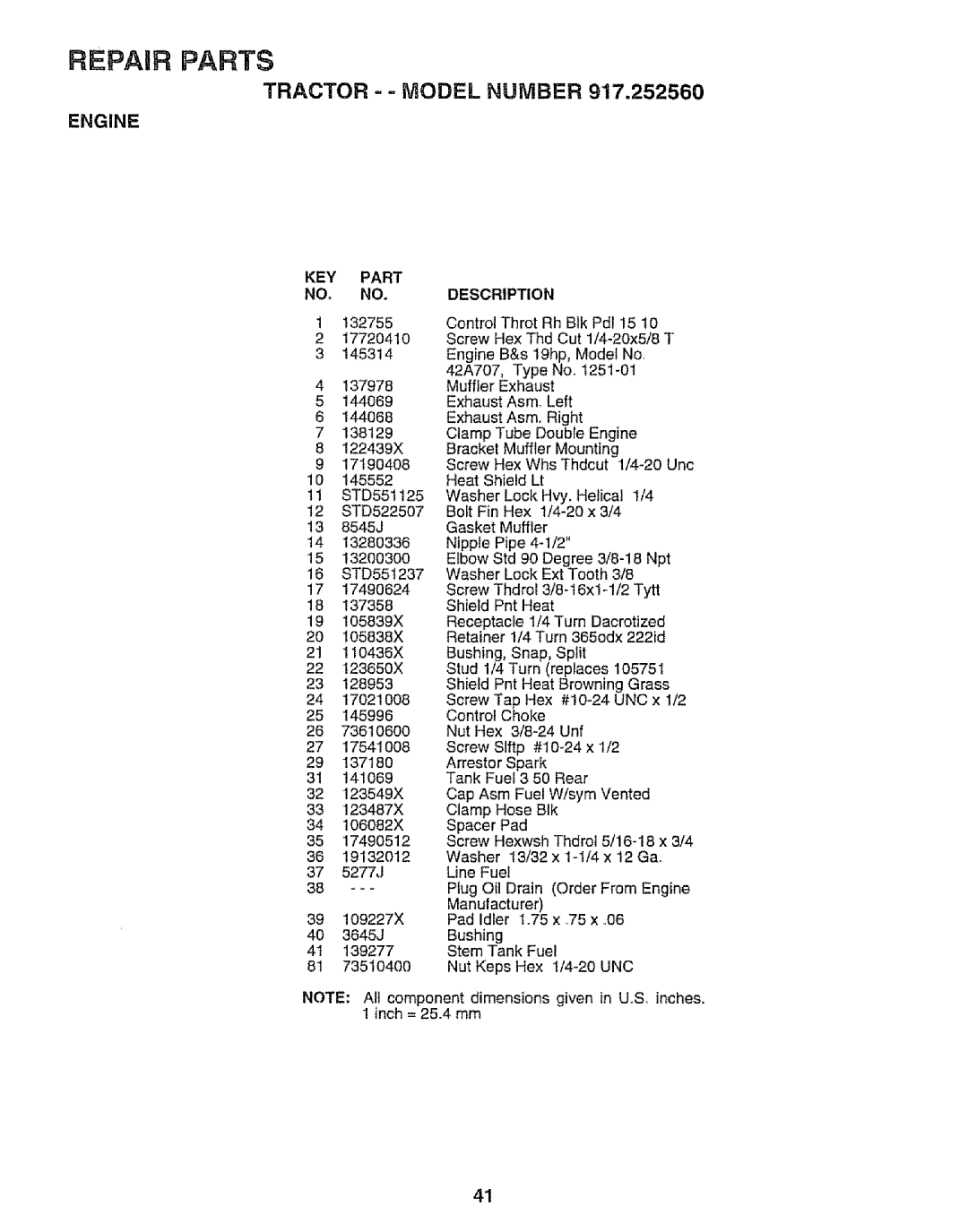 Craftsman 917.252560 manual Engine, KEY Part NO. no, 144068 